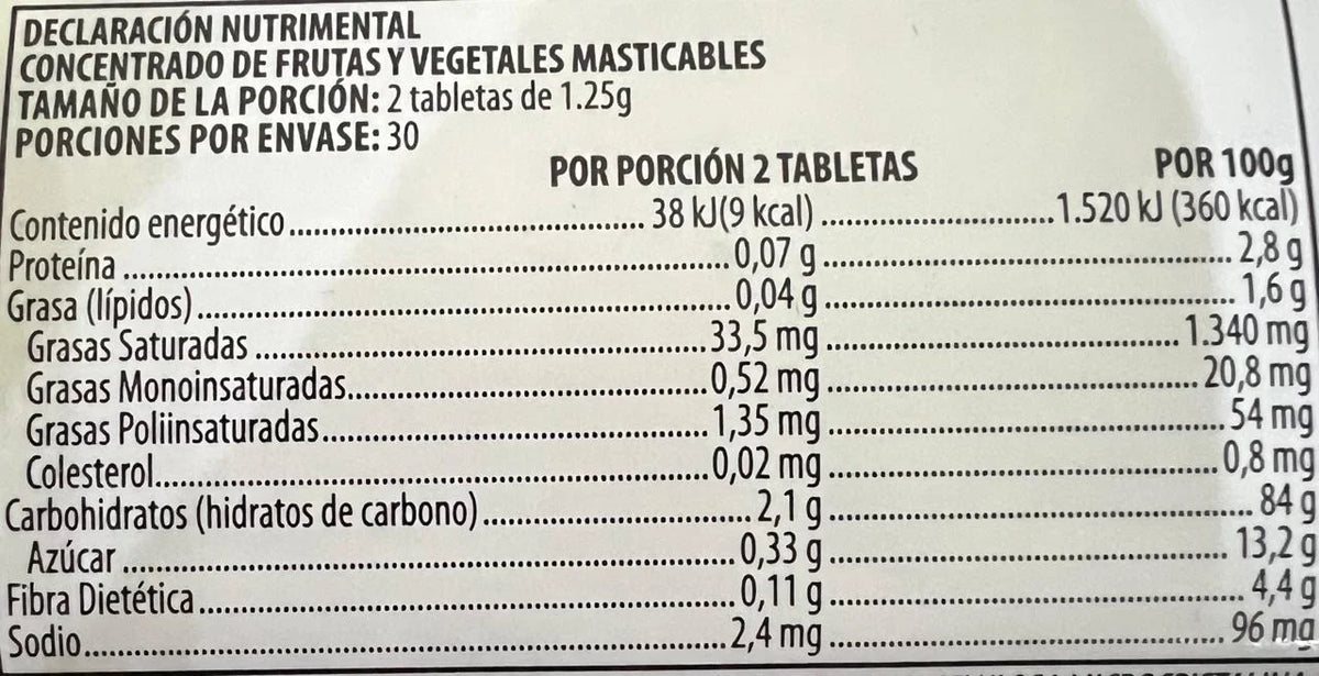 Nutrilite Kids Concentrado Frutas y Vegetales 60 Tabletas Masticables Sabor Naranja Informacion nutricional