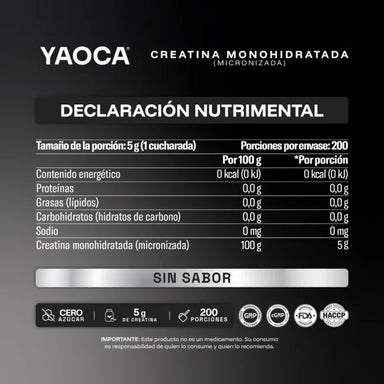 YAOCA Creatina Monohidratada 1kg 200 Servicios Sin Sabor Informacion nutricional