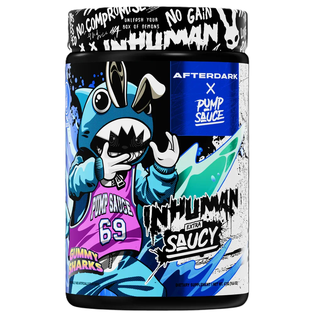 Afterdark + Pump Sauce Inhuman Extra Saucy Pre Entreno 21 Servicios Gummy sharks Portada