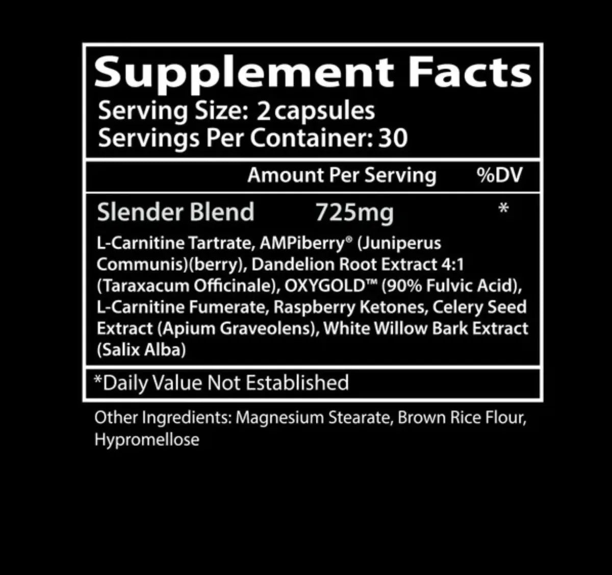 Insane Labz Slender Fat Burner 60 Cápsulas Informacion nutricional