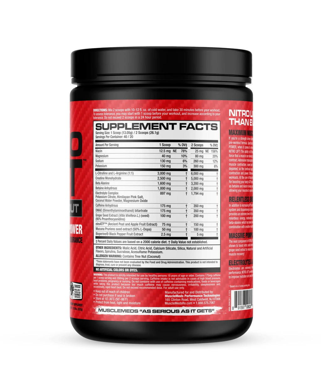 Musclemends Nitro Lift Pre Workout 40 Servicios informacion nutricional