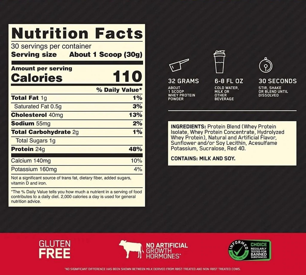 Optimum Nutrition Proteina Gold Standard 100% Whey 2 Lbs informacion nutricional