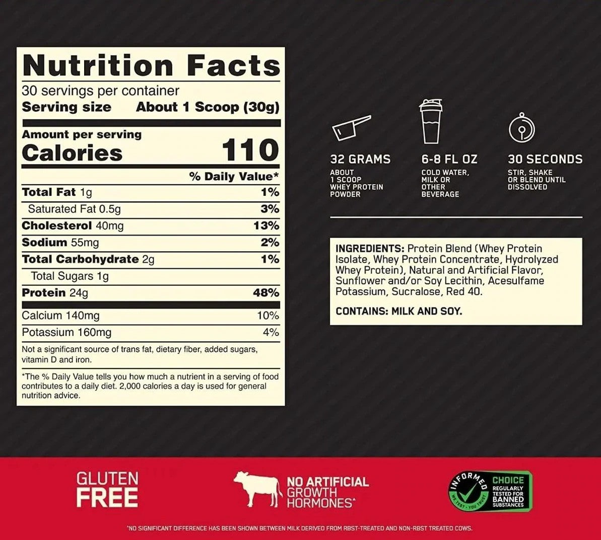 Optimum Nutrition Proteina Gold Standard 100% Whey 2 Lbs informacion nutricional