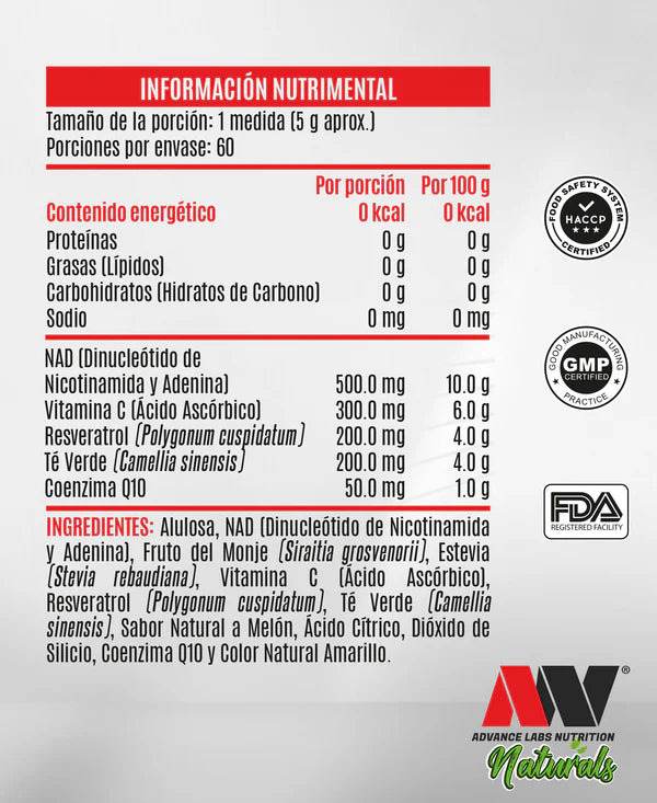 Advance Nutrition NAD, Resveratrol, Té Verde & Q10 60 Serv Sabor a Melon Informacion nutricional