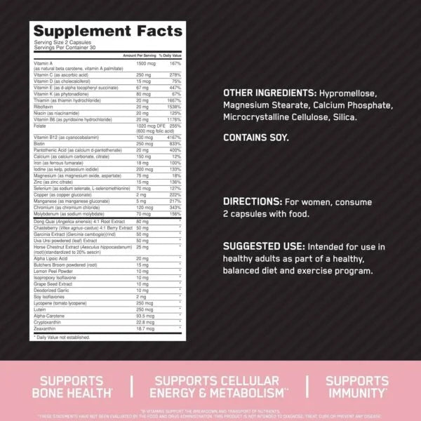 Optimum Nutrition Opti Women 60 Cap 30 Servicios Informacion nutricional