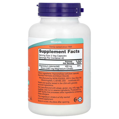 Now Foods Citrato Magnesio 400mg 120 Capsulas informacion nutricional