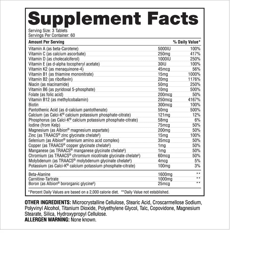 Gaspari Nutrition Multivitaminico Anavite 180 Tabletas informacion nutricional