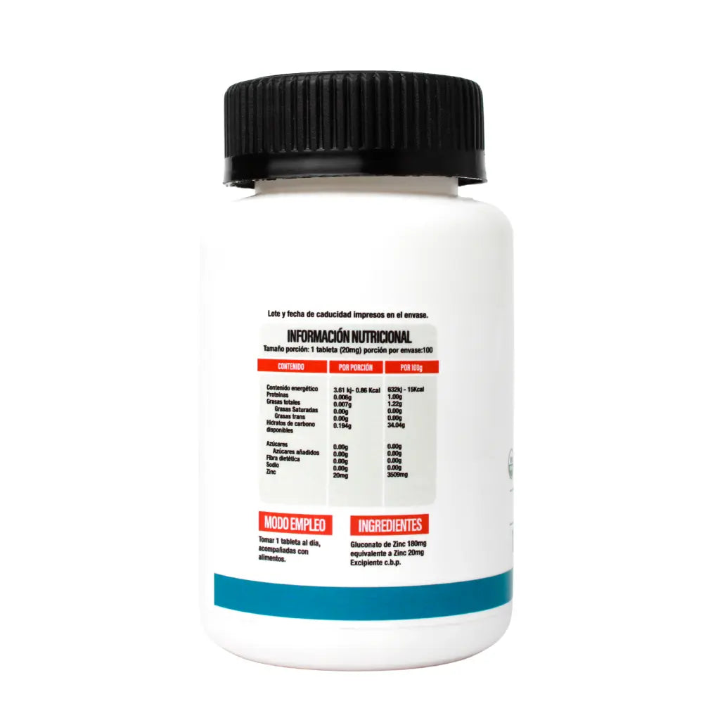 Superlabs Nutrition Zinc 20mg 100 Tabletas informacion nutricional 2