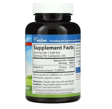 Carlson Labs Vitamina D3 25 mcg (1000 IU) 250 Softgels Informacion nutricional