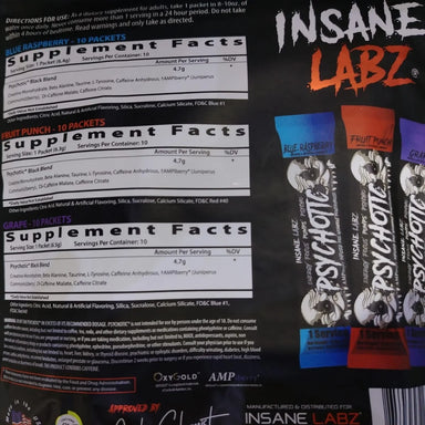 Insane Labz Psychotic Black Pre Entreno 30 Sticks Informacion nutricional