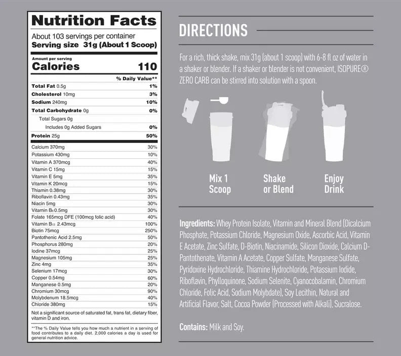 Isopure Proteina Zero Carb 7.5 Lbs 103 servicios informacion nutricional