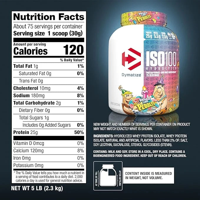 Dymatize Proteina ISO 100 5 Lbs 70 Servicios Birthday Cake Pebbles informacion nutricional