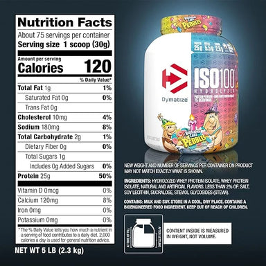 Dymatize Proteina ISO 100 5 Lbs 70 Servicios Birthday Cake Pebbles informacion nutricional