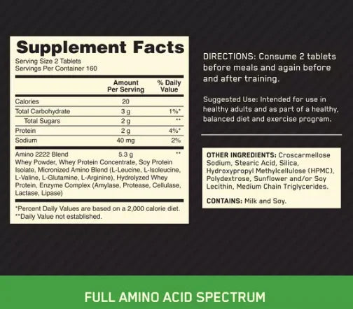 ON Amino 2222 Full Amino Acid Spectrum 320 tab Infromacion nutricional