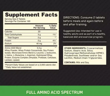 ON Amino 2222 Full Amino Acid Spectrum 320 tab Infromacion nutricional