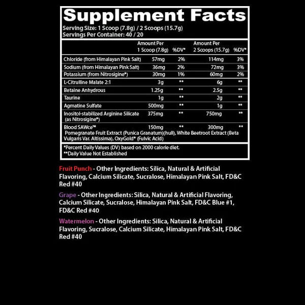 Insane Labz Saw BloodBath Non Stim 40 Servicios Pre Entreno Informacion nutricional
