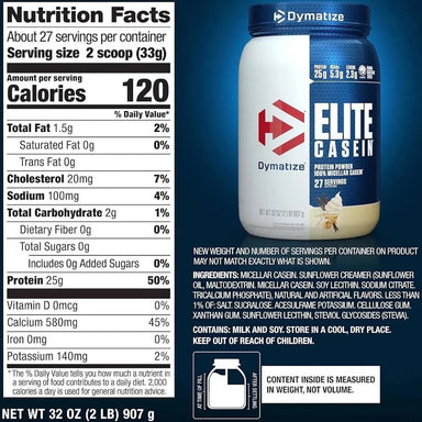 Dymatize Proteina Elite Casein 2 Lbs informacion nutricional