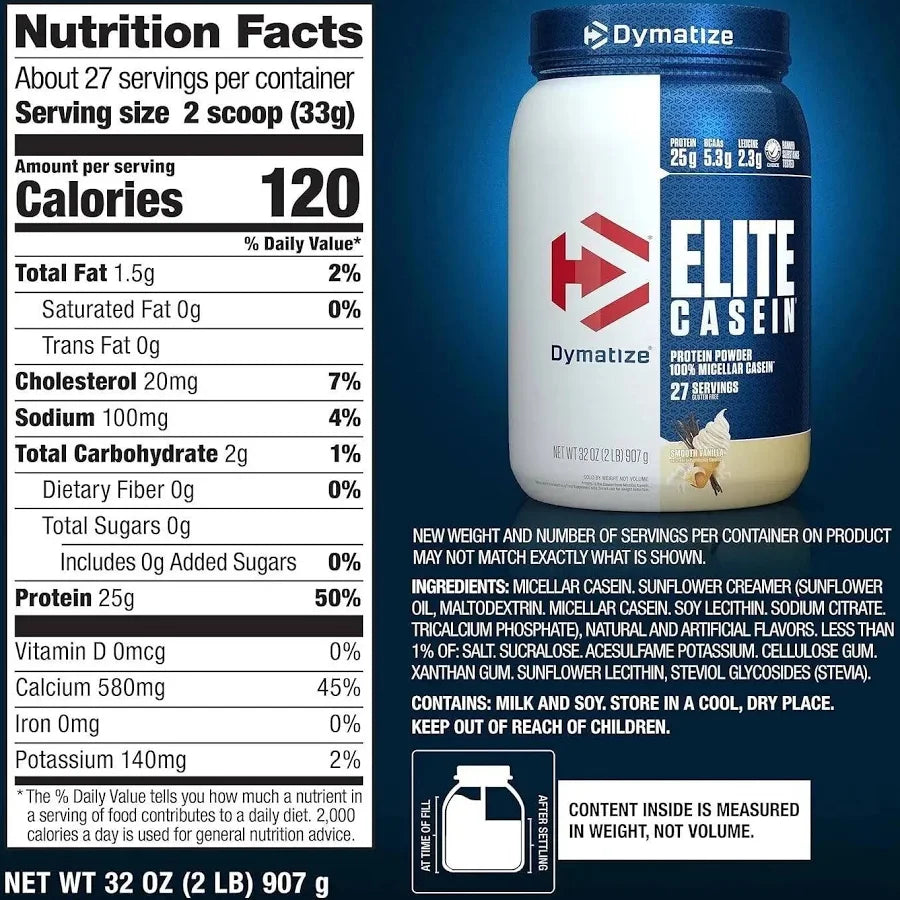 Dymatize Proteina Elite Casein 2 Lbs informacion nutricional