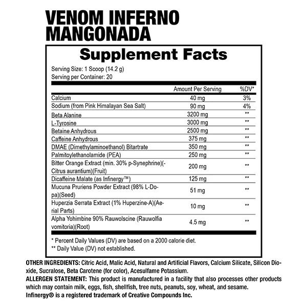 Dragon Pharma Venom Inferno 20 Servicios Sabor Mangonada Informacion nutricional