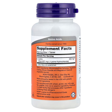 Now Foods L-Lysine 500 Mg 100 Tabs informacion nutricional