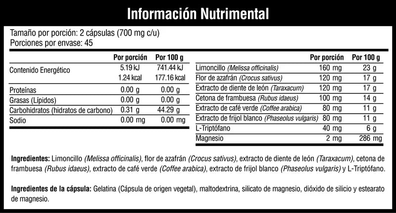Musclefit LIPO NIGHT Quemador Nocturno sin Estimulantes 90 Caps informacionj nutricional