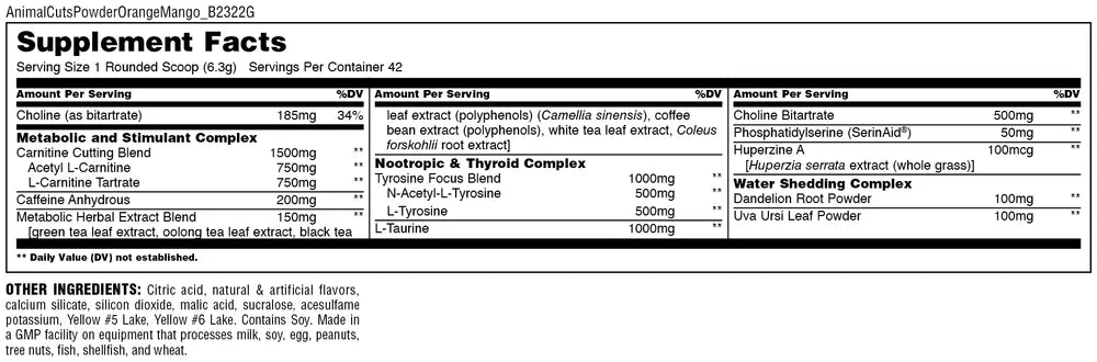 Universal Animal Cuts Polvo 42 Servicios Termogenico informacion nutricional