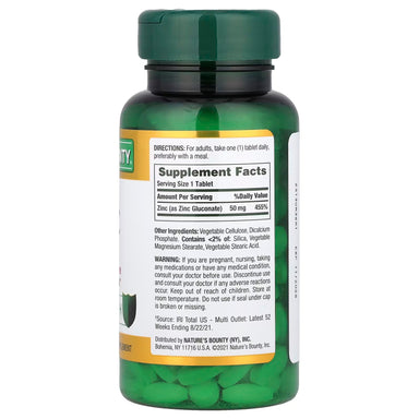 Nature's Bounty Zinc 50mg 100 tabletas Informacion nutricional