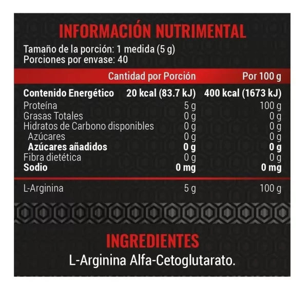 Advance Nutrition Arginina 200gr 40 servicios informacion nutricional
