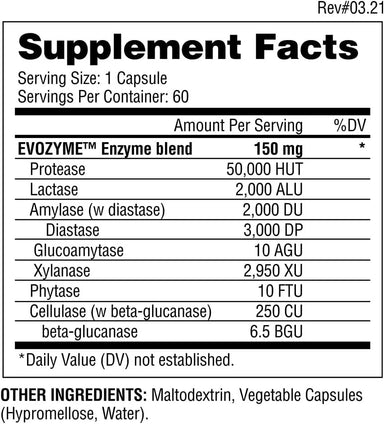 Evogen Evozyme Enzimas Digestivas Premium 60 Capsulas informacion nutricional