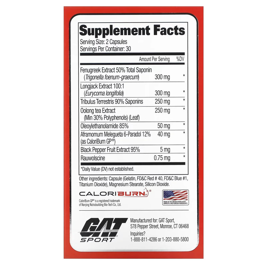 GAT Sport Testrol Fire 60 Capsulas 30 Servicios informacion nutricional