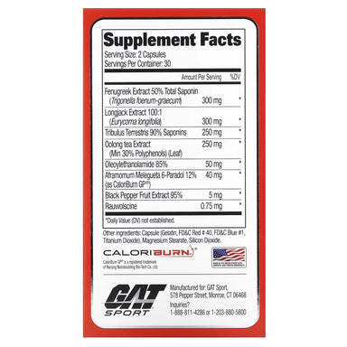 GAT Sport Testrol Fire 60 Capsulas 30 Servicios informacion nutricional