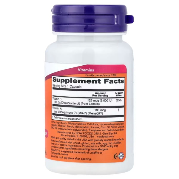Now Foods Mega D-3 & MK-7 5000 IU/180mg 60 Capsulas Informacaion nutricional
