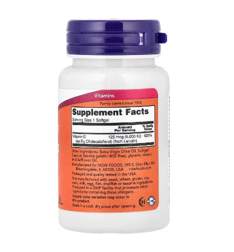 Now Foods Vitamina D-3 5000 IU 240 Softgels informacion nutricional