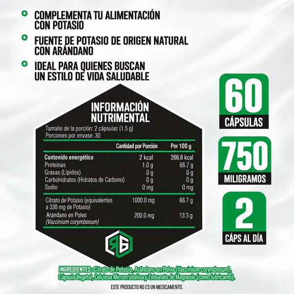 Red Gold Citrato de Potasio 750mg 60 Tabletas Informacion nutricional