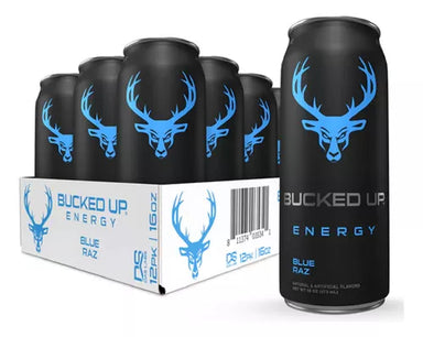 Bucked Up Energy Drinks 16oz 12Pack Blue Raz Portada