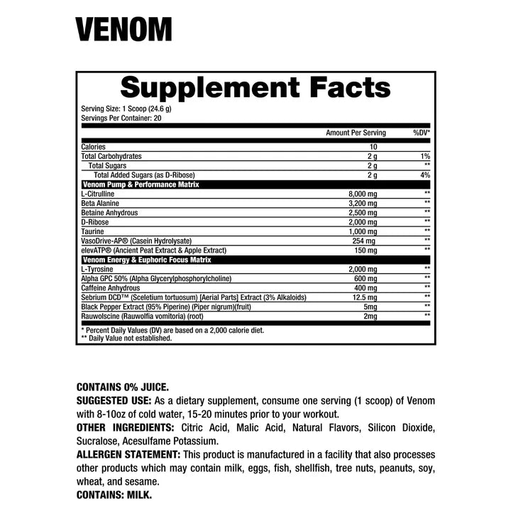 Dragon Pharma Venom 20 Servicios Fully Loaded Pre-Workout Informacion nutricional