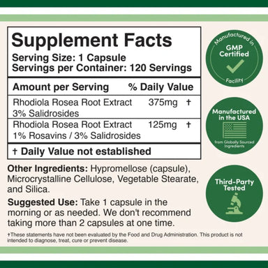 Double Wood Extracto de Rhodiola Rosea 500mg 120 Capsulas Informacion nutricional 2