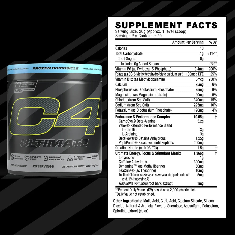 Cellucor C4 Ultimate Pre Entreno 20 servicios 320gr informacion nutricional
