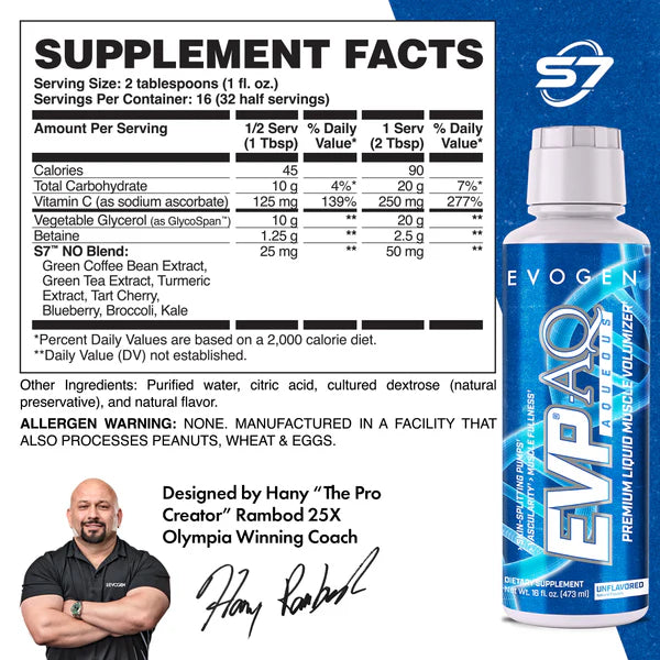 Evogen Evp Aq Liquido Pre Entreno 473ml Betaina informacion nutricional