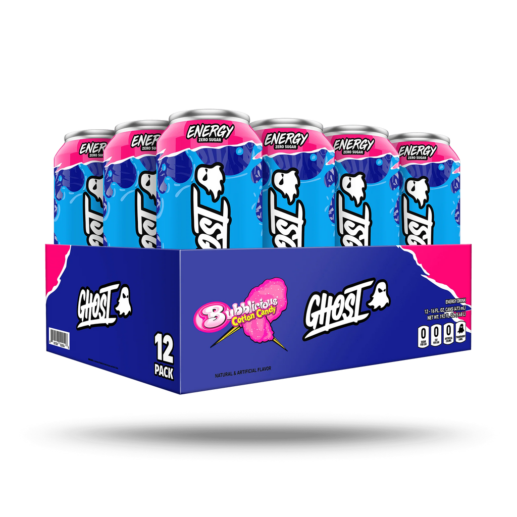 Ghost Energy Drink 16Oz 12 Pack Bubblicious Cooton candy Portada