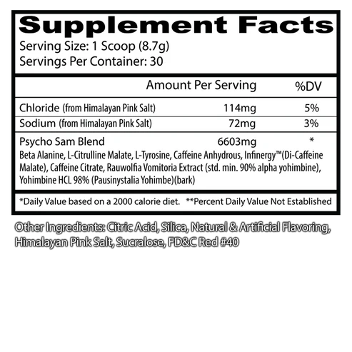 Insane Labz Psycho Sam Pre Entreno 261g 30 servicios informacion nutricional