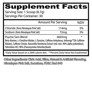 Insane Labz Psycho Sam Pre Entreno 261g 30 servicios informacion nutricional