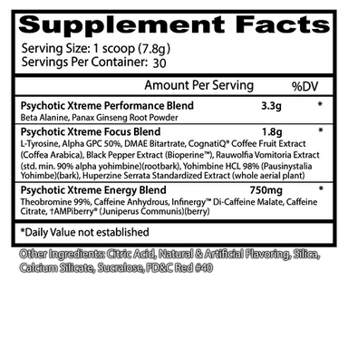 Insane Labz Psychotic Xtreme Pre Entreno 30 Servicios Informacion nutricional