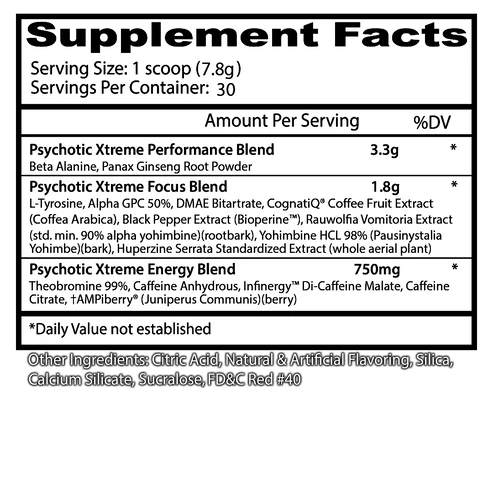 Insane Labz Psychotic Xtreme Pre Entreno 30 Servicios Informacion nutricional