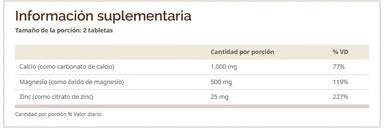 Windmill Calcio 1000mg, Magnesio 500mg, Zinc 25mg / 100 Tabs informacion nutricional