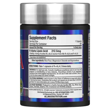 Allmax R+ala 60 Capsulas informacion nutricional