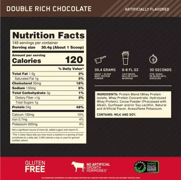 Optimum Nutrition Proteina 100% Whey Gold Standard 10 Libras informacion nutritcional