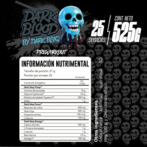 Essentials Dark Blood Focus Energy Pump 525gr 25 Servicios Informacion nutricional