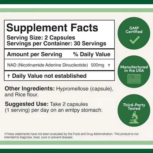 Double Wood NAD+ 500mg 60 Capsulas informacion nutricional