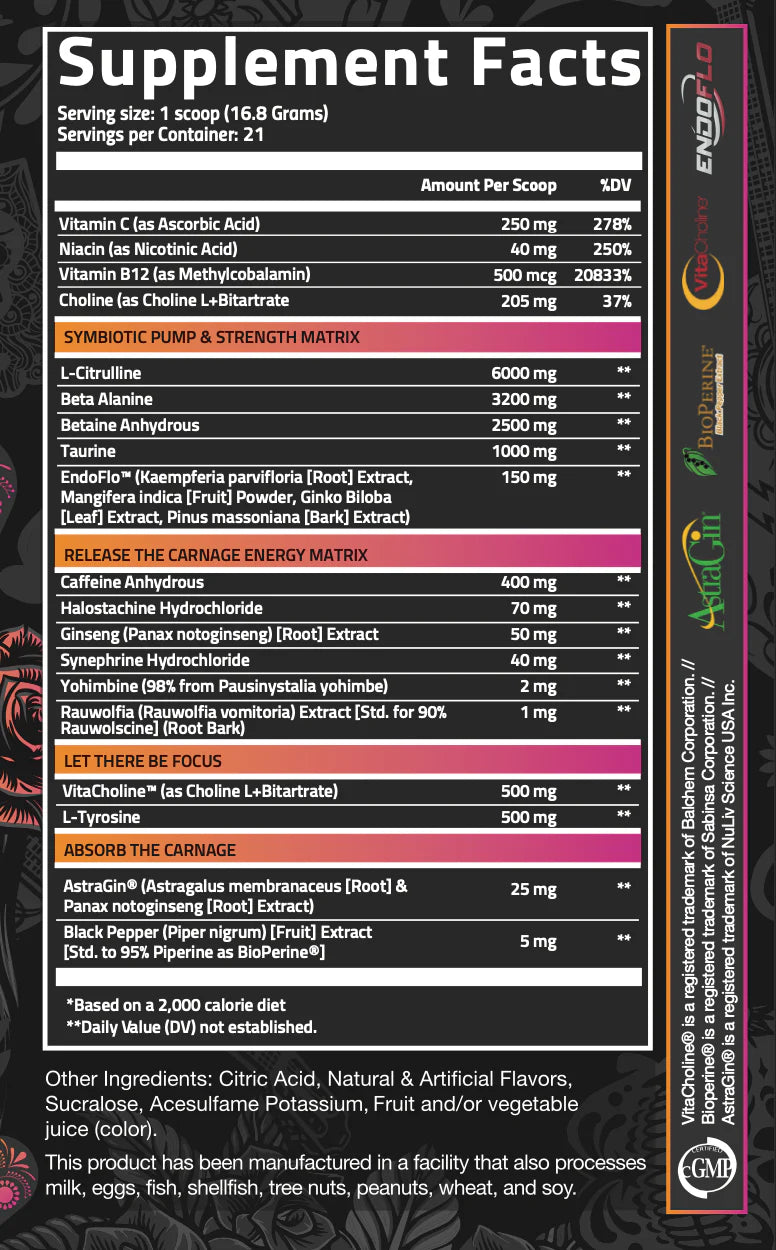 Nutrifitt Carnage Pre-Workout 21 Serv informacion nutricional